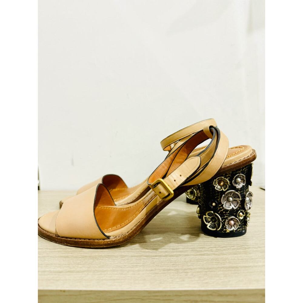 Coach Tea Rose Leather Floral Embellishment Block Heel Sandals Beige Women's 9.5 - Picture 4 of 6